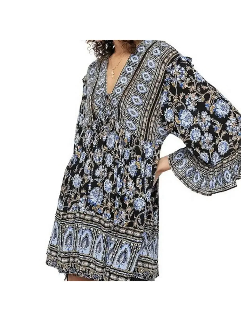 Free People Moonlight Blue Tunic Mini Dress with Ruffle Sleeves